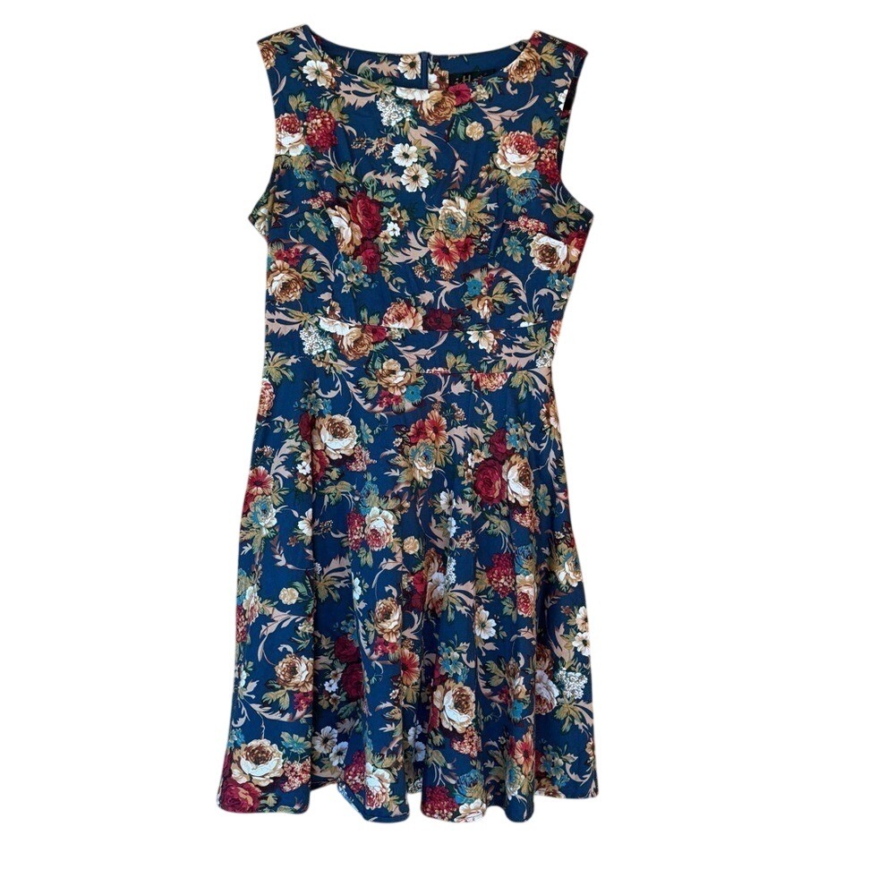 iHot Dress Sleeveless Tank Floral Blue Red A-Line Brunch Shower Guest Large